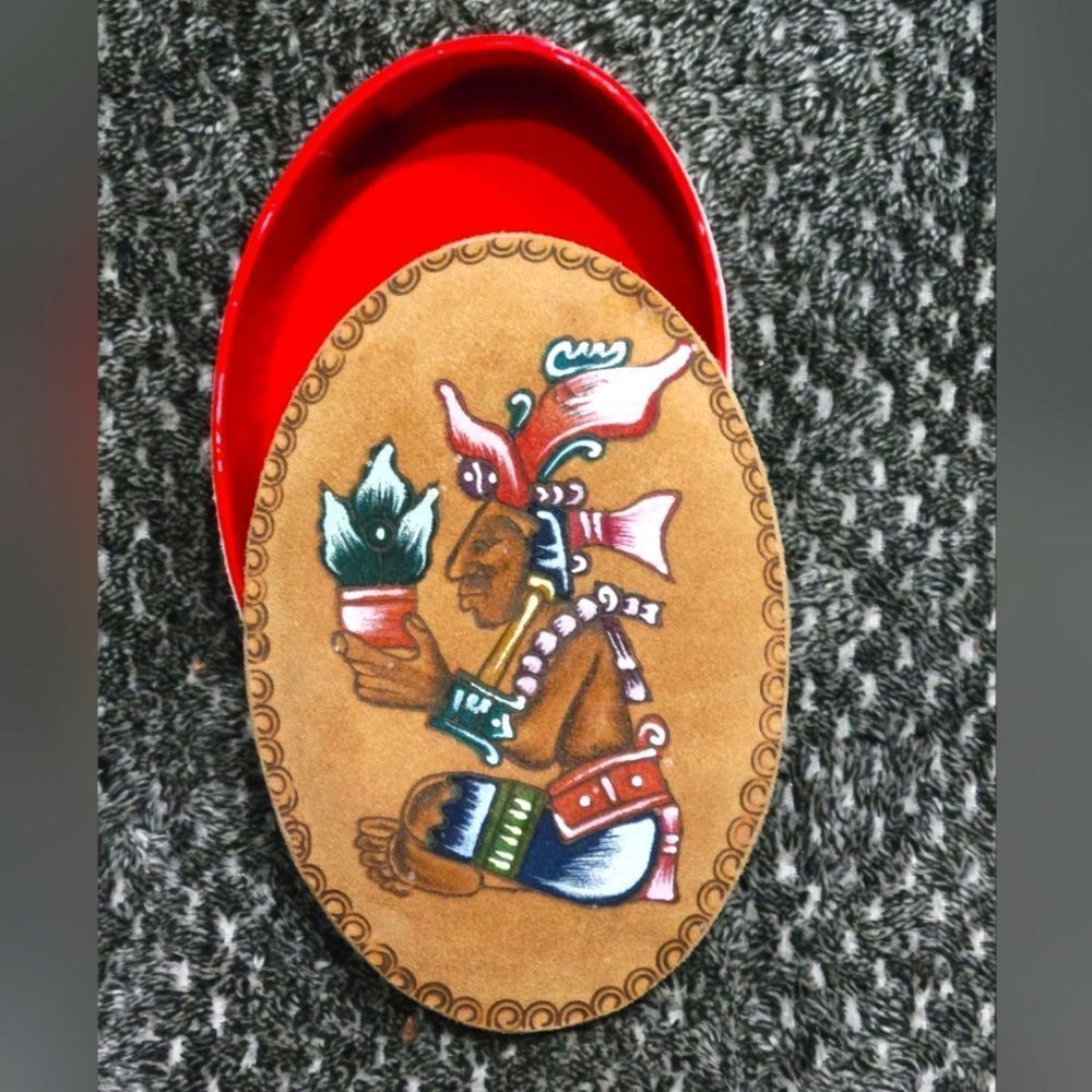 Vintage Suade Maya God Of Corn Trinket Box